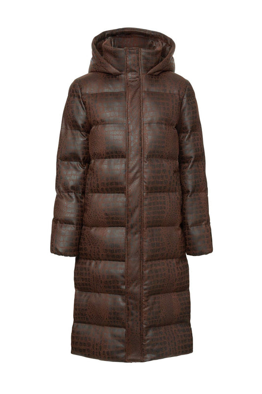 brown crocodile puffer coat