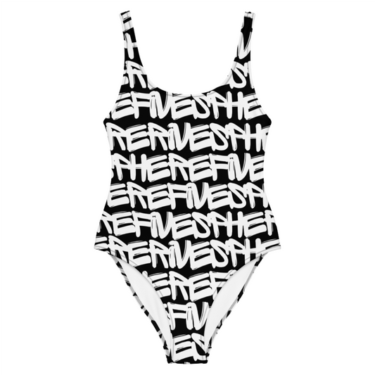 White Graffiti on black material Women's One-Piece Swimsuit - Sphere Five