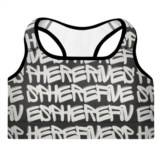 white graffiti on black material Padded Sports Bra - Sphere Five