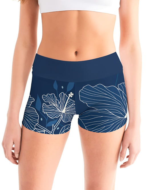 Hibiscus with dark blue background Women's Mid-Rise Yoga Shorts - Sphere Five