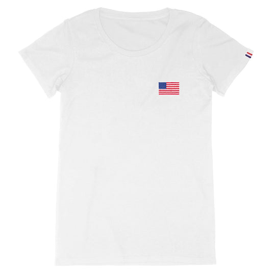 Women's White Organic Cotton French T-Shirt with American Flag