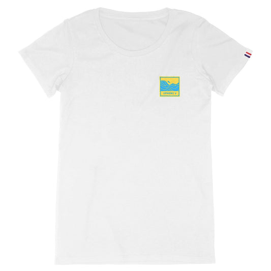 Women's white Organic Cotton French T-Shirt with yellow square sphere v logo