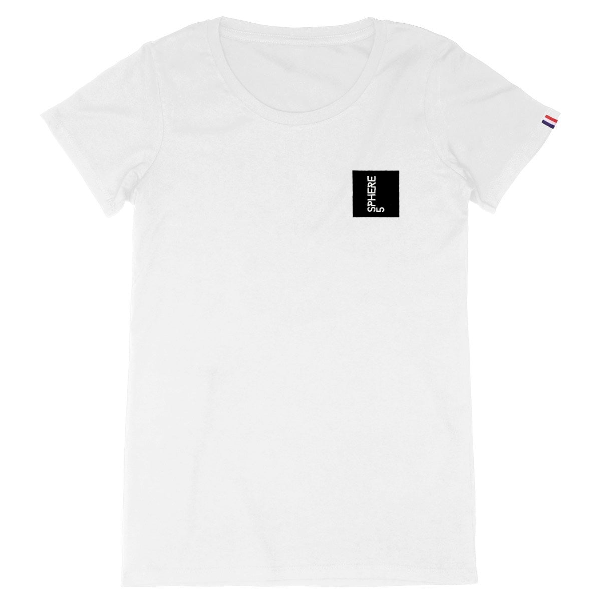 Women's White Organic Cotton French T-Shirt with Black Square Sphere 5 logo