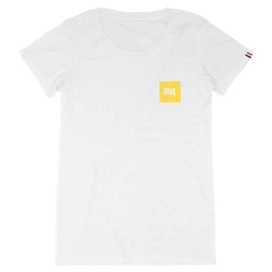 Women's White Organic Cotton French T-Shirt with yellow Sphere Five Logo